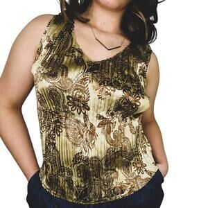 1990s Vintage Jaipur Brown Satin Metallic Paisley Floral Sleeveless Top Small